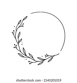 Floral circle frame, elegant wreath round border. Hand drawn doodle sketch style. Floral drawing frame, flourish design element for wedding, greeting card. Vector illustration.