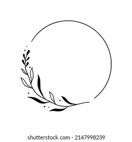 Marco de círculo floral, elegante borde redondeado de corona. Estilo de esbozo de doodle dibujado a mano. Marco de dibujo floral, elemento de diseño floreciente para la boda, tarjeta de saludo. Ilustración vectorial.