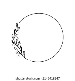 Floral circle frame, elegant wreath round border. Hand drawn doodle sketch style. Floral drawing frame, flourish design element for wedding, greeting card. Vector illustration.