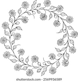 Floral circle frame, flourish design element for wedding, greeting card silhouette vector style with white background