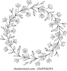Floral circle frame, flourish design element for wedding, greeting card silhouette vector style with white background