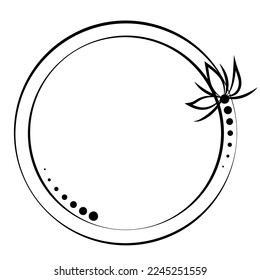 Marco de círculo floral con flor y puntos de estilo lineal. Diseño para tatuajes, tarjetas, logotipo, invitación a bodas, borde