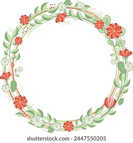 Floral circle frame, flowers and leaves. Spring summer template