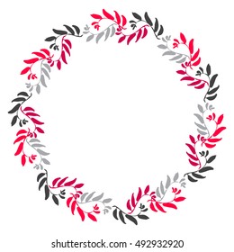 Floral circle frame for greeting card, invitation, wedding invitation designs. Round wreath with red, black and gray leaves with text place. Vector illustration stock vector.