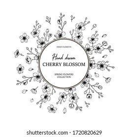 Floral circle frame with hand drawn spring cherry blossom in sketch style. Spring design for cards, banners, letters, invitations. Place for text