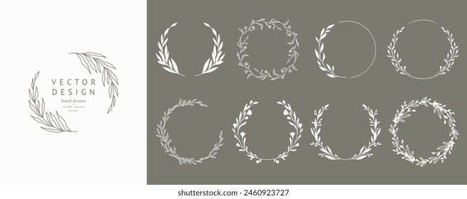 Floral circle frame. Hand drawn elegant botanical round borders, wreaths with branches, leaves and flowers in line art and silhouettes. Vector isolated set for wedding invitation, card, logo design