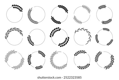 Floral circle frame. Hand drawn elegant botanical round borders, wreaths with branches, leaves in line art and silhouettes. Vector isolated set for wedding invitation, card, logo design, social media