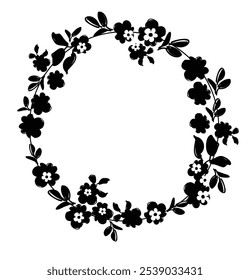 Floral circle frame. Hand drawn botanical round borders, wreaths with branches, leaves and flowers in line art and silhouettes. Design for wedding invitation, card, logo design, vector illustration