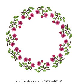 Floral circle frame isolated on white background. Spring or summer vector illustration. Design element for leaflet, poster, sticker, booklet.