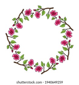 Floral circle frame isolated on white background. Spring or summer vector illustration. Design element for leaflet, poster, sticker, booklet.