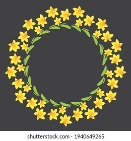 Marco de círculo floral aislado sobre fondo negro. Ilustración vectorial de primavera o verano. Elemento de diseño para folletos, afiches, pegatinas, folletos.