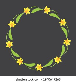 Floral circle frame isolated on black background. Spring or summer vector illustration. Design element for leaflet, poster, sticker, booklet.