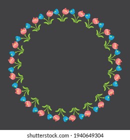Floral circle frame isolated on black background. Spring or summer vector illustration. Design element for leaflet, poster, sticker, booklet.