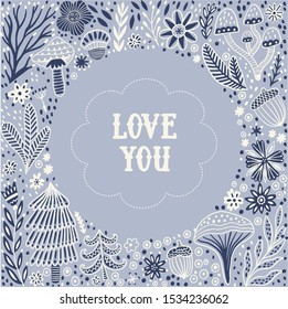 Floral circle frame made of herbs, flowers and leaf in vector. Romantic cartoon invitation card. Stylish design element.