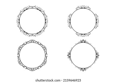 floral circle frame outline, flower line drawing frame vector set 