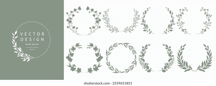 Floral circle Frame Set. Hand drawn elegant botanical round border, laurel, wreath with branches, leaves and flowers in silhouettes. Vector isolated illustration for wedding invitation, card, logo