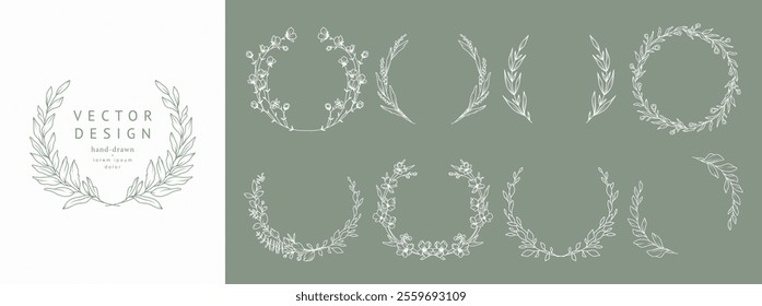 Floral circle Frame Set. Hand drawn elegant botanical border, laurel, wreath with branches, leaves and flowers in line art style. Vector illustration for wedding invitation, save the date, logo