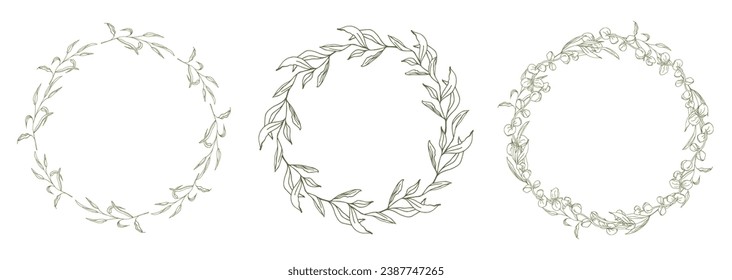Floral circle frame set, line art hand drawn eucalyptus leaves wreath, vector illustration for card or wedding invitation. Isolated on white background.