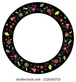 Floral circle frame in style of Mexican embroidery Otomi Tenango. Porcelain decorative frame .