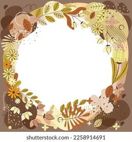 Floral circle frame. Template for wedding invitation card. Beautiful simple flowers, vector illustration. Floral elements for gift cards and web banners.