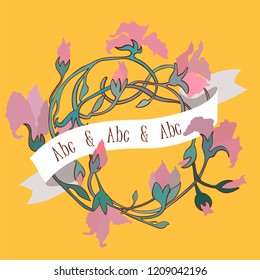 Floral circle frame vector illustration with heraldic ribbon on orange background.