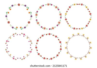 Floral circle frames. Style of Mexican embroidery Otomi. Vector illustration.