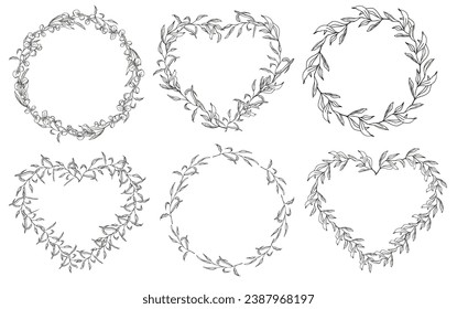 Círculo floral y marco cardíaco, línea de arte, hojas de eucalipto dibujadas a mano, ilustración vectorial para invitación de tarjeta o boda. Aislado sobre fondo blanco.
