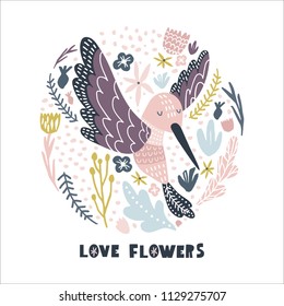 Floral circle with hummingbird . Childish print for nursery, kids apparel,poster, postcard. Vector Illustration