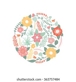 Floral circle isolated on white background. Can be used as invitation card for wedding, birthday and summer background