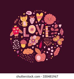 Floral circle with love lettering and doodles flowers. Round shape emblem made of flowers. Doodles element. Valentines day card, animal and flowers doodles.