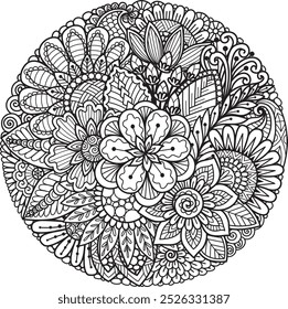 Floral circle mandala doodles for printing, engraving, adult coloring book, paper cut and so on. Vector illustration.