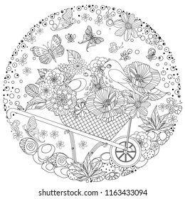 floral circle ornament with cute birds for your coloring book 