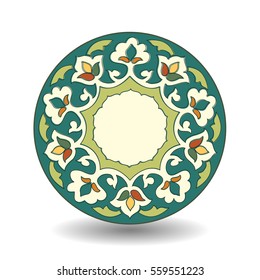 Floral circle pattern. Islamic motif, ceramic plate. Vector eps 10