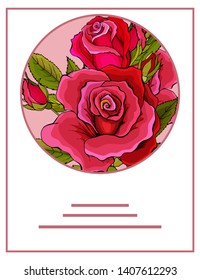 Floral circle with red rose and green leaves. Circle for wedding stationary, fashion, greetings, background for save the dates. 