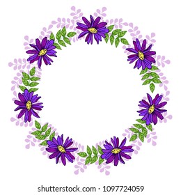 Floral circle spring frame of purple flowers, for invitation card on Mother's day, wedding, birthday. White background, vector illustration, hand drawn elements