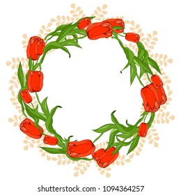 Floral circle spring frame of red tulips, for invitation card on Mother's day, wedding, birthday. White background, vector illustration