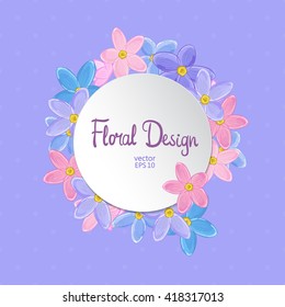 Floral circle vector frame. Forget-me-not flowers and place for your text on violet polka dot background. 