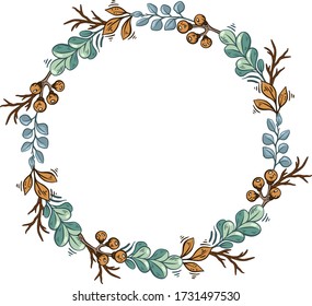 Floral circle vector wreath. Flowers frame border. Cute botany illustration. Simple fantasy flowers. Green leaves. Minimalim plants. Summer garden herbs. Round vintage wedding wreath. Invitation card.