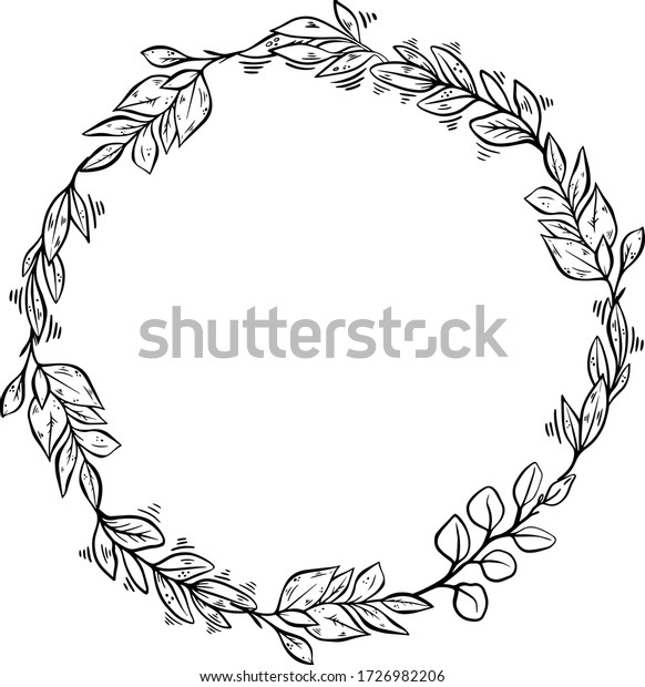 花の円のベクター画像花輪 花の枠 リニアボタニーイラスト 白黒のスタイル ミニマリム植物 夏の庭のハーブ のベクター画像素材 ロイヤリティフリー