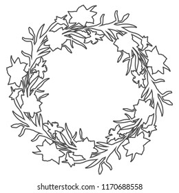 Floral circle wreath border with countour hand drawn flowers daffodils, narcissus. Monochrome floral elements on white.For wedding diesign, greting card mockup.