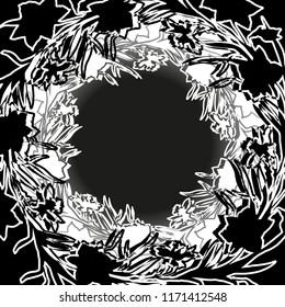 Floral circle wreath with contour hand drawn flowers daffodils, narcissus. Monochrome floral elements on grey. For wedding diesign, greting card mockup.