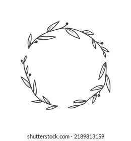 Floral circle wreath frame vector template. Branches and leaves doodle hand drawn line border.