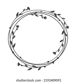 Floral circle wreath frame vector template. Branches and leaves doodle hand drawn line border.