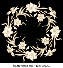 Floral circle wreath with hand drawn flowers daffodils, narcissus. Monochrome floral elements on wblack background. For create greeting card mockup, wedding invitation. Vector illustration.