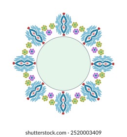 Corona de círculo floral, diseño de elemento de patrón de flor de Vector ikat. Una Plantilla para imprimir postales, invitaciones, decoración de puertas, fiesta, libros, textiles, grabado, muebles de madera y manteles individuales. 