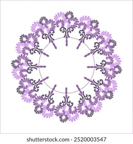 Corona de círculo floral, diseño de elemento de patrón de flor de Vector ikat. Una Plantilla para imprimir postales, invitaciones, decoración de puertas, fiesta, libros, textiles, grabado, muebles de madera y manteles individuales. 