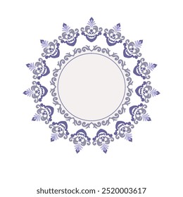 Floral circle wreath, ikat vector flower pattern element design. A template for printing postcards, invitations, door decoration, party, books, textiles, engraving, wooden furniture, and placemats. 