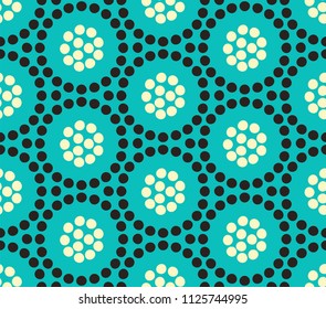 floral circles of dots seamless pattern in ivory black and blue