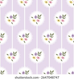 Floral Circles with Lace Edging and Pastel Flowers on stripe lilac background. Design for fashion prints, textile, background, wallpaper, wrapping, fabric and more