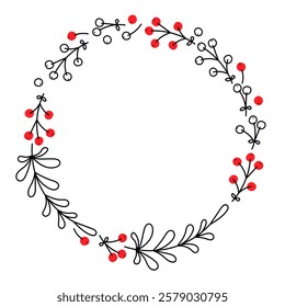 Floral circular design featuring red and white berries with delicate branches